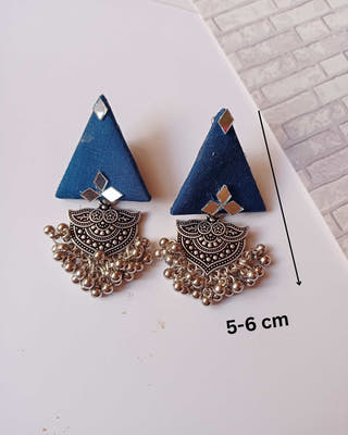 Blue Mirror Jhumka Earrings With Silver Accent