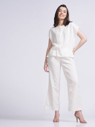 Classic Buttoned Down Shirt with Wide Leg Pants Co-ord Set -Linen & Tencel coord set for women in Off White color