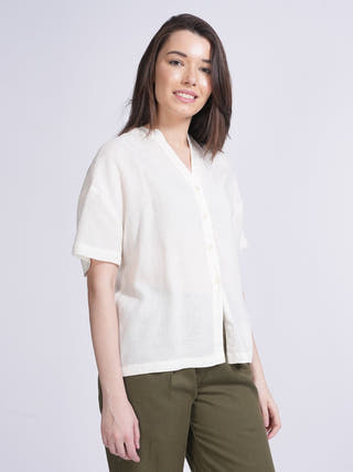 Classic Drop Shoulder Shirt with Wide Leg Pants Co-ord Set -Linen & Tencel coord set for women in Off White & Olive color