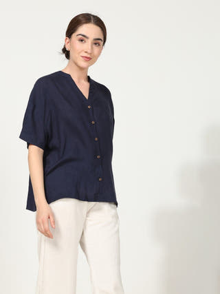 Classic Drop Shoulder Shirt with Wide Leg Pants Co-ord Set -Linen & Tencel coord set for women in Navy & Cream color