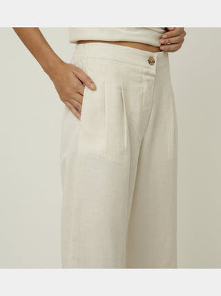 Classic Drop Shoulder Shirt with Wide Leg Pants Co-ord Set -Linen & Tencel coord set for women in Navy & Cream color