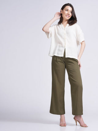 Classic Drop Shoulder Shirt with Wide Leg Pants Co-ord Set -Linen & Tencel coord set for women in Off White & Olive color