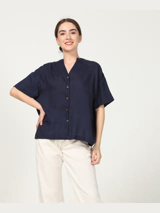 Classic Drop Shoulder Shirt with Wide Leg Pants Co-ord Set -Linen & Tencel coord set for women in Navy & Cream color