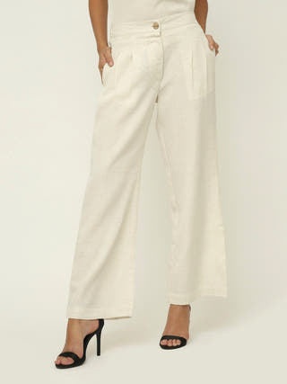 Classic Drop Shoulder Shirt with Wide Leg Pants Co-ord Set -Linen & Tencel coord set for women in Navy & Cream color