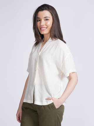 Classic Drop Shoulder Shirt with Wide Leg Pants Co-ord Set -Linen & Tencel coord set for women in Off White & Olive color