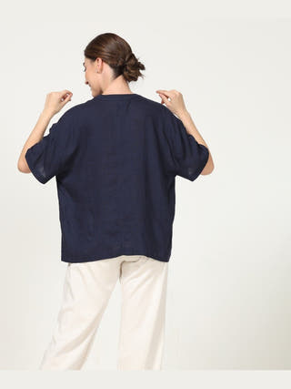 Classic Drop Shoulder Shirt with Wide Leg Pants Co-ord Set -Linen & Tencel coord set for women in Navy & Cream color
