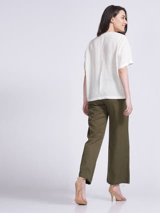 Classic Drop Shoulder Shirt with Wide Leg Pants Co-ord Set -Linen & Tencel coord set for women in Off White & Olive color