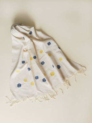 Silk Scarf With Blue And Yellow Flowers In White Arras