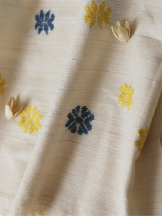 Silk Scarf With Blue And Yellow Flowers In White Arras