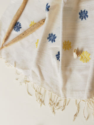 Silk Scarf With Blue And Yellow Flowers In White Arras