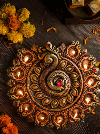 Peacock Eleven Diya Plate