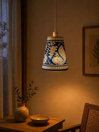 Handcrafted Tholu Bommalata Peacock Blue Hanging Lamp
