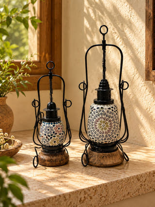 Shama Wooden & Mosaic Glass Lantern | Set of 2