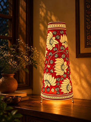 Lotus Hand Painted Leather Table Lamp - Red
