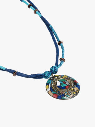 NecklaceDual - Tone Blue Patwa Thread Necklace with Mosaic Stonework PendantKaladoraFlourish Planet