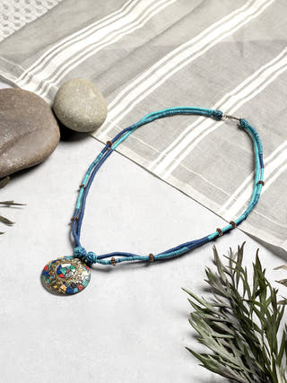 NecklaceDual - Tone Blue Patwa Thread Necklace with Mosaic Stonework PendantKaladoraFlourish Planet