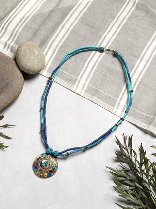 NecklaceDual - Tone Blue Patwa Thread Necklace with Mosaic Stonework PendantKaladoraFlourish Planet