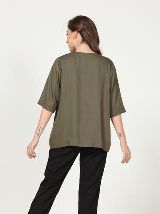 Elegant Front Pleat Top with Tapered Pants Co-ord Set - Modal & Tencel coord set for women in Olive & Black color