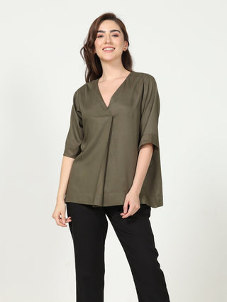 Elegant Front Pleat Top with Tapered Pants Co-ord Set - Modal & Tencel coord set for women in Olive & Black color