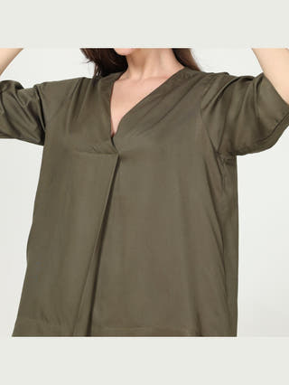 Elegant Front Pleat Top with Tapered Pants Co-ord Set - Modal & Tencel coord set for women in Olive & Black color
