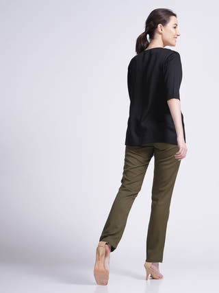 Elegant Front Pleat Top with Tapered Pants Co-ord Set - Modal & Tencel coord set for women in Black & Olive color
