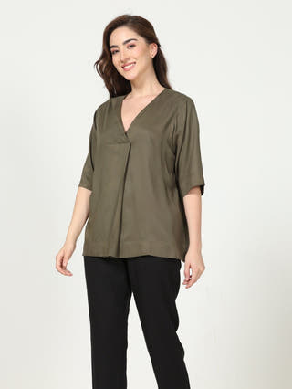 Elegant Front Pleat Top with Tapered Pants Co-ord Set - Modal & Tencel coord set for women in Olive & Black color