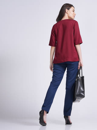 Elegant Front Pleat Top with Tapered Pants Co-ord Set - Modal & Tencel coord set for women in Maroon & Navy color