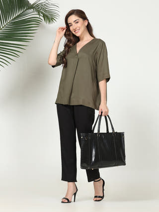 Elegant Front Pleat Top with Tapered Pants Co-ord Set - Modal & Tencel coord set for women in Olive & Black color