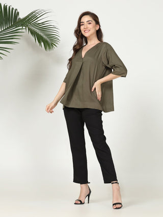 Elegant Front Pleat Top with Tapered Pants Co-ord Set - Modal & Tencel coord set for women in Olive & Black color