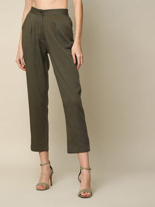 Elegant Front Pleat Top with Tapered Pants Co-ord Set - Modal & Tencel coord set for women in Black & Olive color