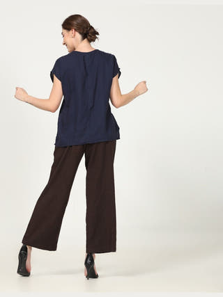 Classic Drop Shoulder Shirt with Wide Leg Pants Co-ord Set -Linen & Tencel coord set for women in Navy & Coffee color