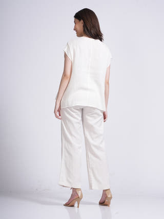 Classic Drop Shoulder Shirt with Wide Leg Pants Co-ord Set -Linen & Tencel coord set for women in Cream color