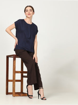 Classic Drop Shoulder Shirt with Wide Leg Pants Co-ord Set -Linen & Tencel coord set for women in Navy & Coffee color