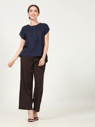 Classic Drop Shoulder Shirt with Wide Leg Pants Co-ord Set -Linen & Tencel coord set for women in Navy & Coffee color