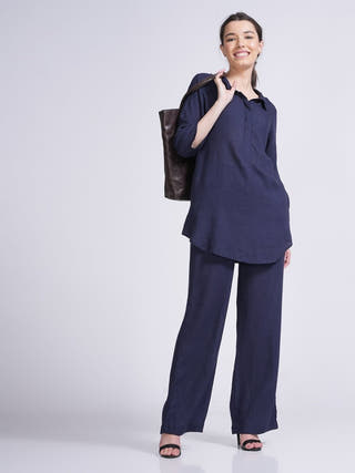 Elegant Linen Skipper Collar Tunics & Trouser Co-ord Set -Linen coord set for women in Navy Bluecolor
