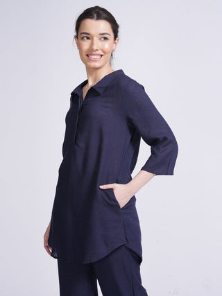 Elegant Linen Skipper Collar Tunics & Trouser Co-ord Set -Linen coord set for women in Navy Bluecolor