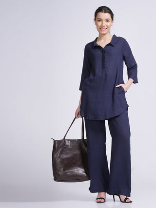 Elegant Linen Skipper Collar Tunics & Trouser Co-ord Set -Linen coord set for women in Navy Bluecolor