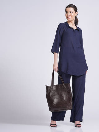 Elegant Linen Skipper Collar Tunics & Trouser Co-ord Set -Linen coord set for women in Navy Bluecolor