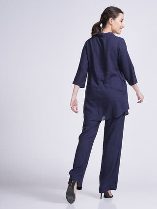 Elegant Linen Skipper Collar Tunics & Trouser Co-ord Set -Linen coord set for women in Navy Bluecolor