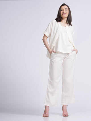 Elegant Shirt with Slip Top and Wide Leg Pants 3-Piece Co-ord Set -Linen & Tencel coord set for women in Off White color