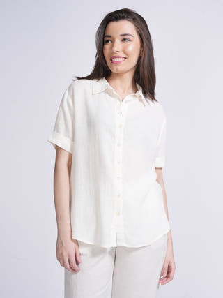 Elegant Shirt with Slip Top and Wide Leg Pants 3-Piece Co-ord Set -Linen & Tencel coord set for women in Off White color
