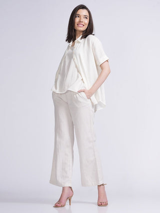 Elegant Shirt with Slip Top and Wide Leg Pants 3-Piece Co-ord Set -Linen & Tencel coord set for women in Off White color