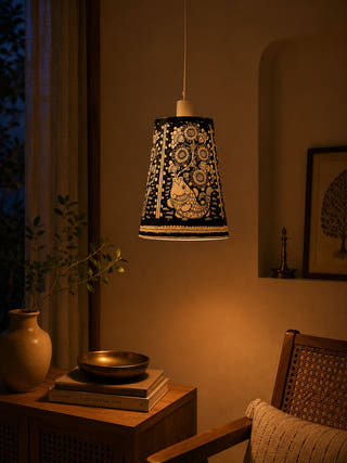 Handcrafted Tholu Bommalata Black & White Floral Hanging Lamp