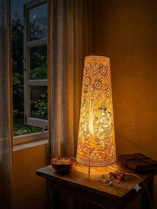 Hand Painted Radha Krishna Leather Floor Lamp - Yellow