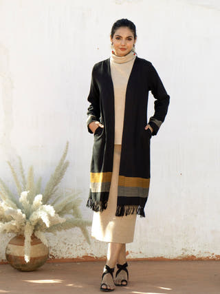 Handwoven Black Stripes Merino Wool Cardigan