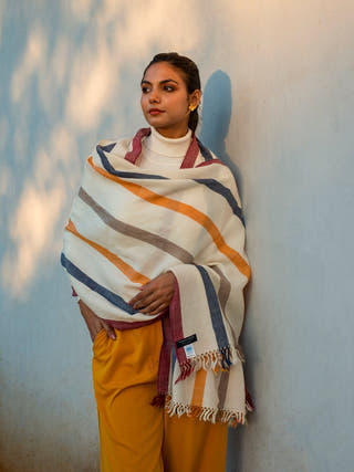 Handwoven Beige Multicolor Stripe Merino Wool Stole