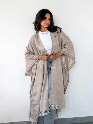 Handwoven Beige Pure Merino Wool Kimono Cape