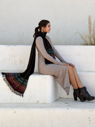 Handwoven Black Stripe Merino Wool Stole