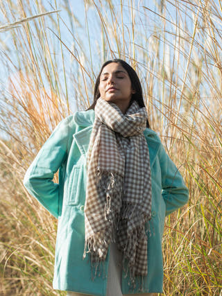 Handwoven Fawn Check Merino Wool Shawl