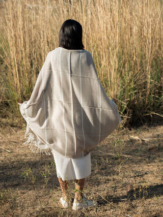 Handwoven Fawn-White stripe Merino Wool Stole